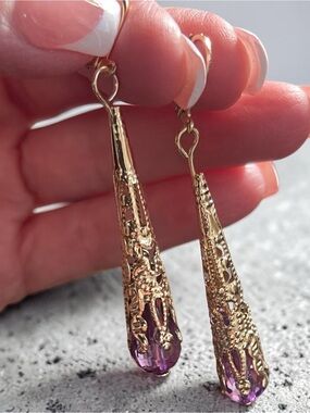 Gold Tone Filigree Teardrop Earrings w Purple Faceted Bead